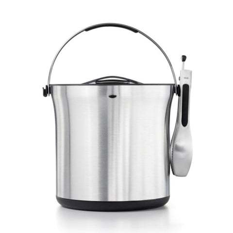 OXO steel ice bucket with lid closed for quick access at gatherings.
