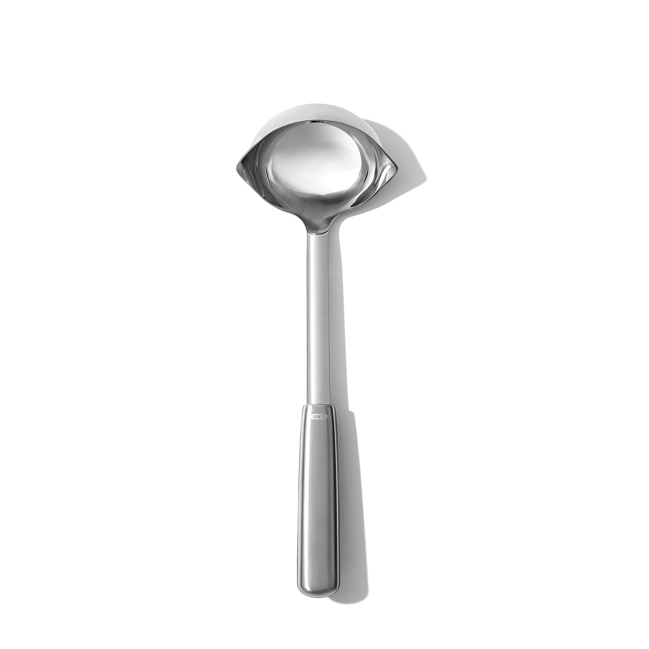 OXO Steel Ladle angled head for easy scooping and less mess
