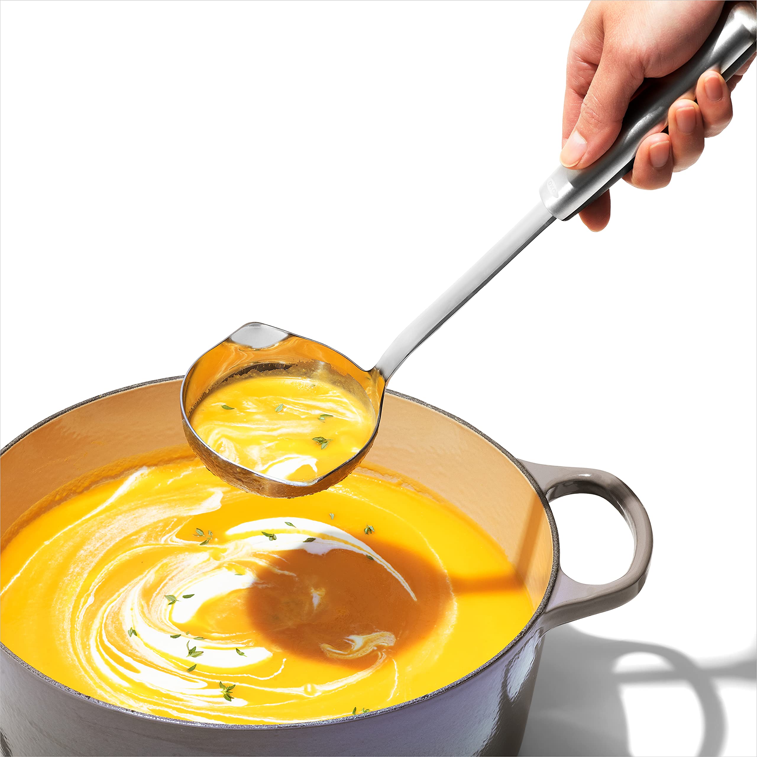 OXO Steel Ladle shows stainless steel construction with hidden non-slip grip