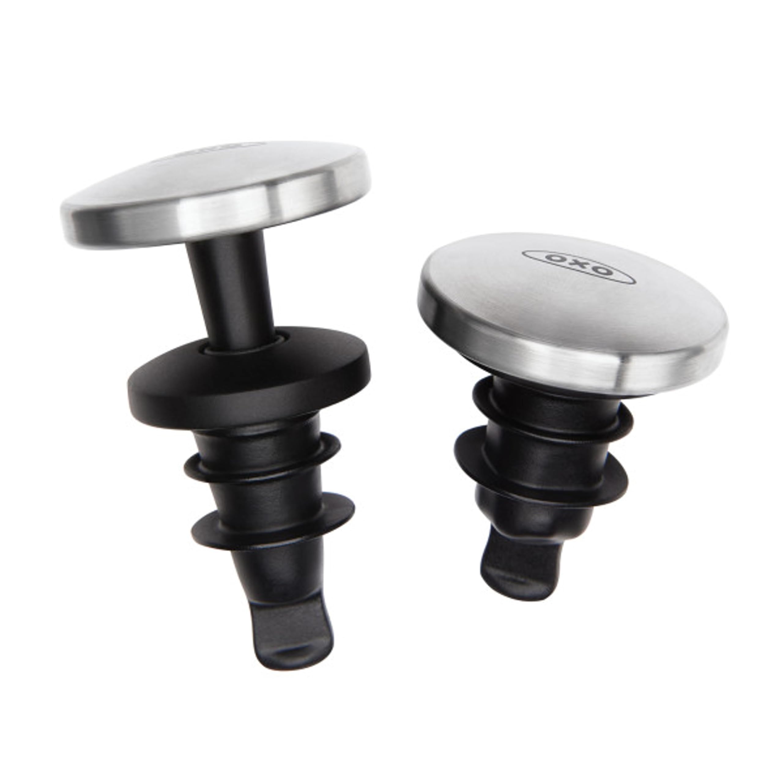 OXO SteeL wine stopper seals bottle to preserve freshness.