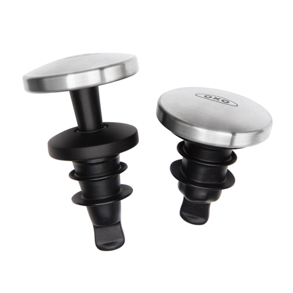 OXO SteeL wine stopper seals bottle to preserve freshness.