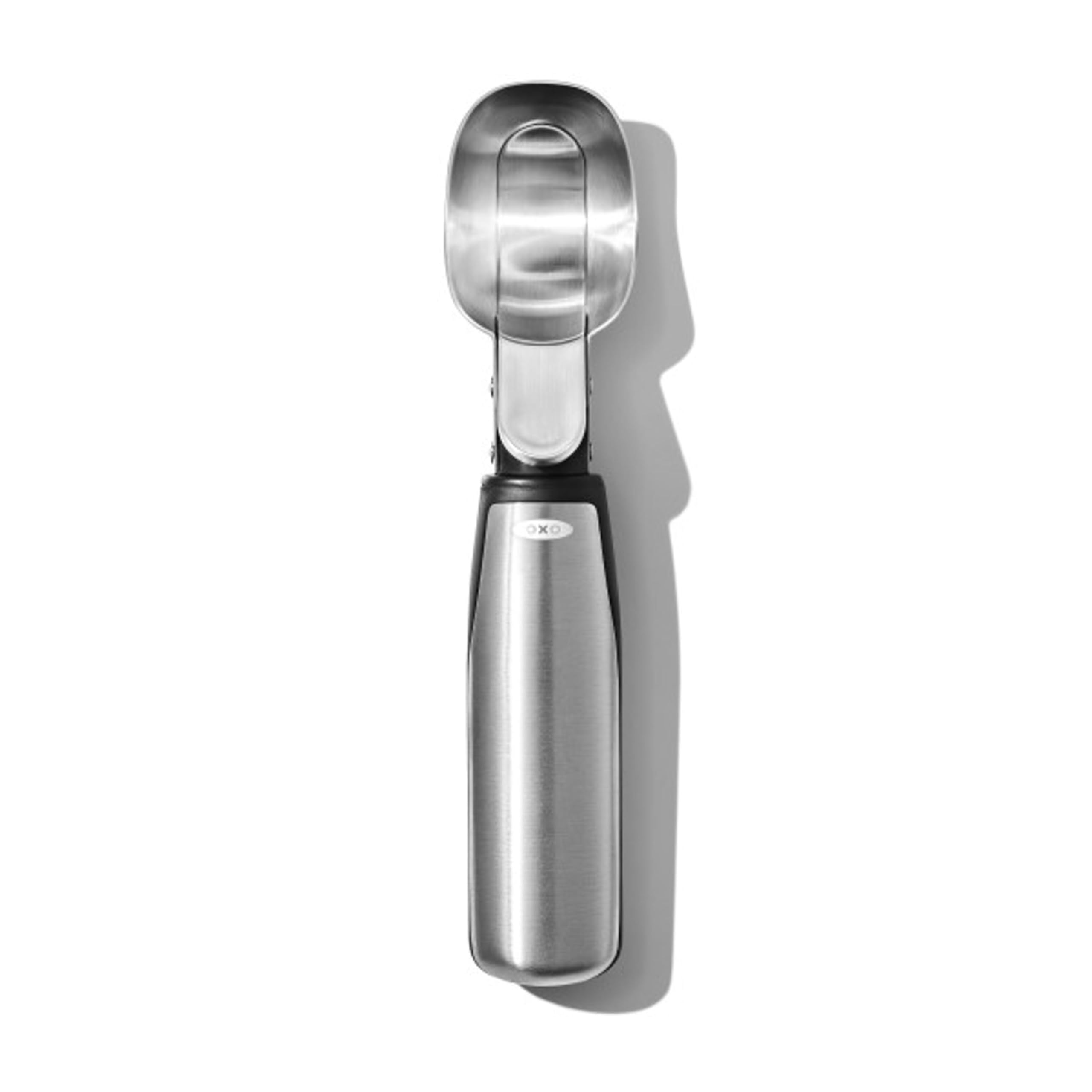 OXO Steel lever ice cream scoop releases creamy scoops with one press.