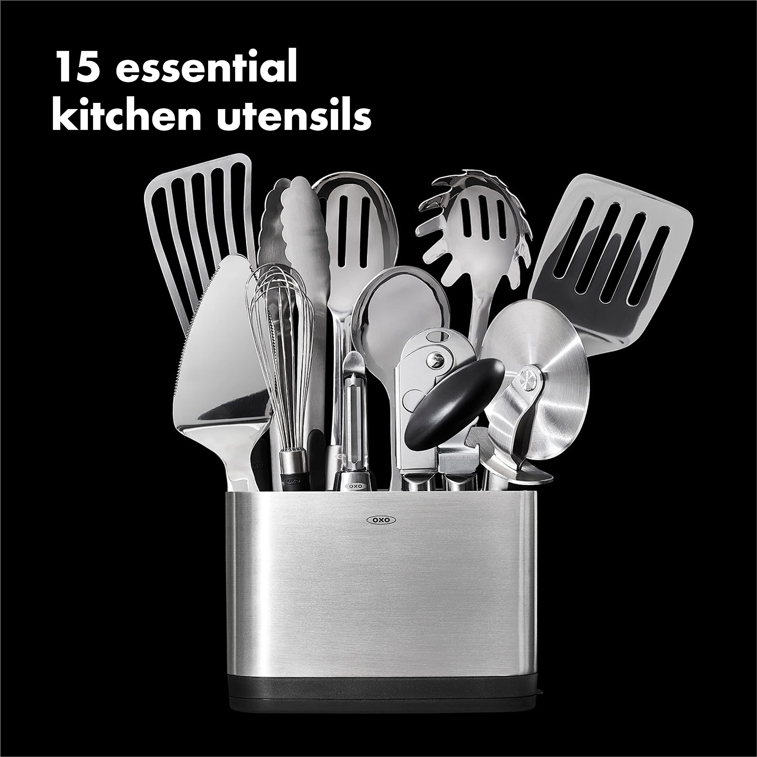 OXO Steel 15-piece locking tongs with secure grip.
