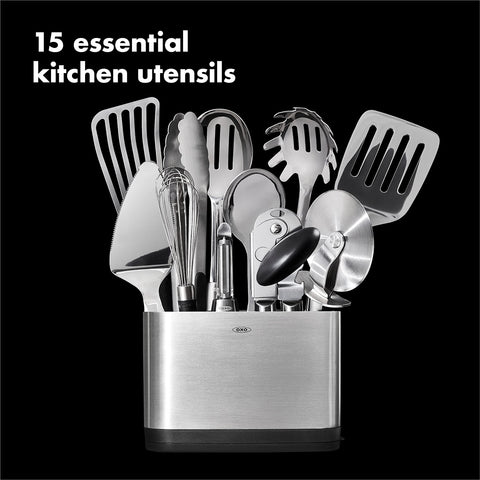 OXO Steel 15-piece locking tongs with secure grip.