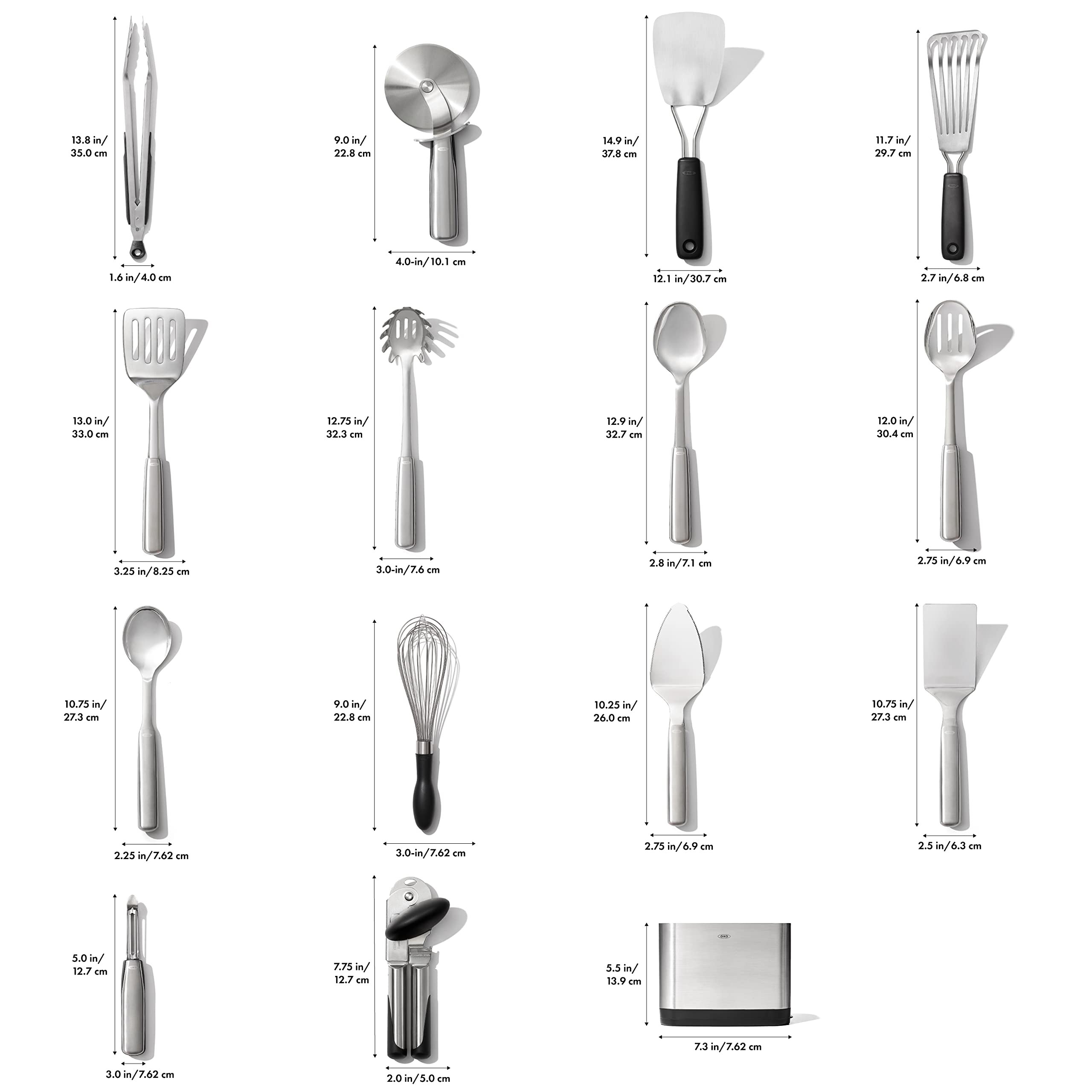 OXO Steel 15-piece slotted spoon for draining and stirring.