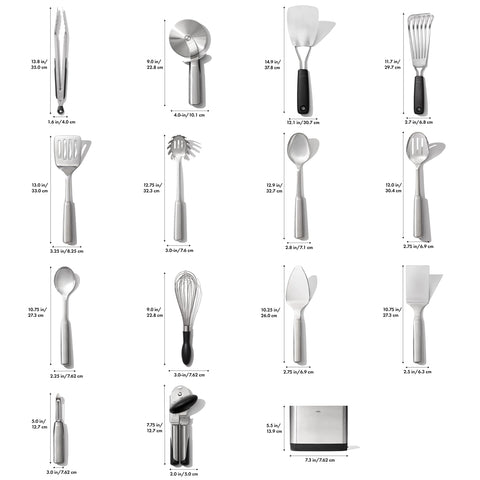 OXO Steel 15-piece slotted spoon for draining and stirring.