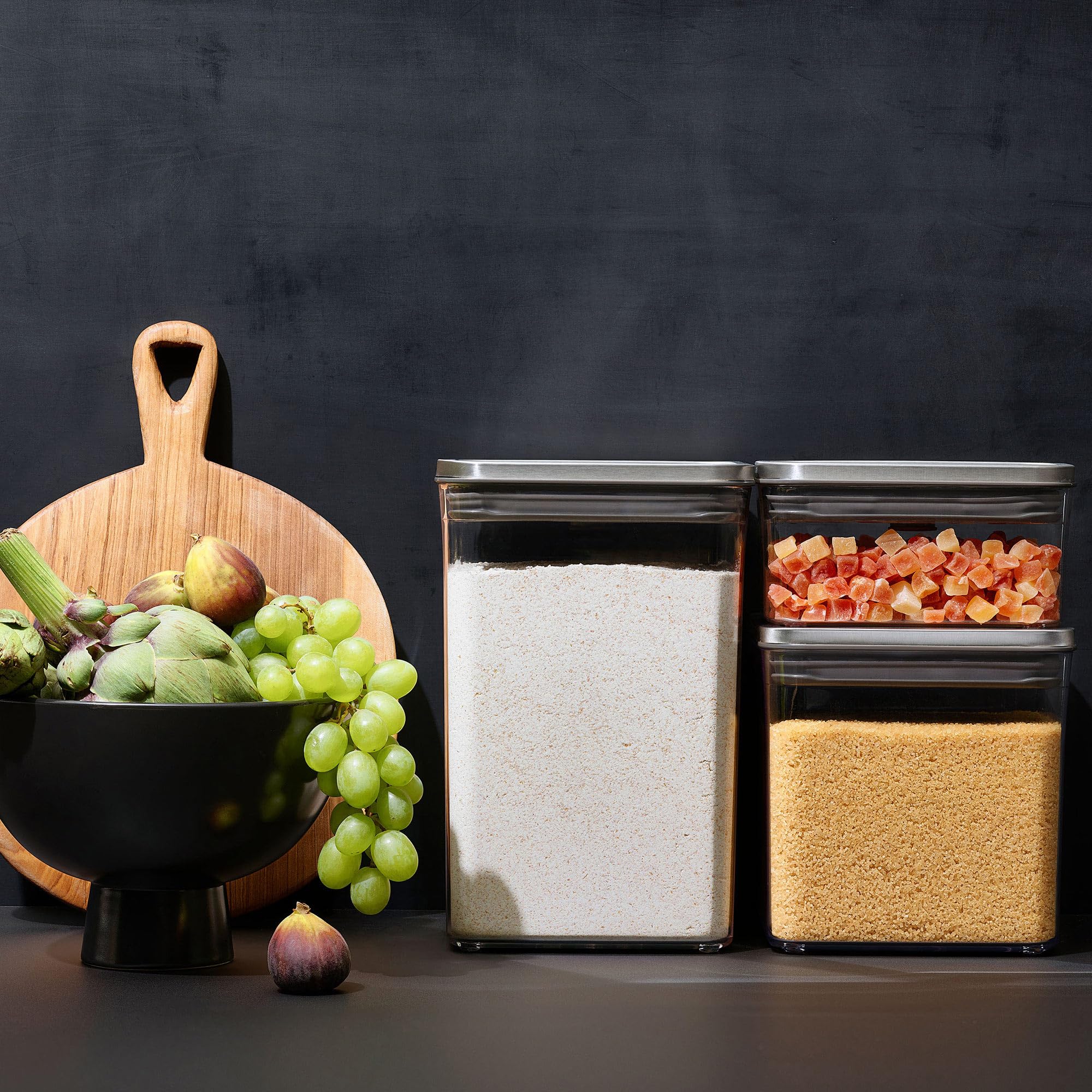 OXO POP container shows fill-line for easy portioning of pantry staples.