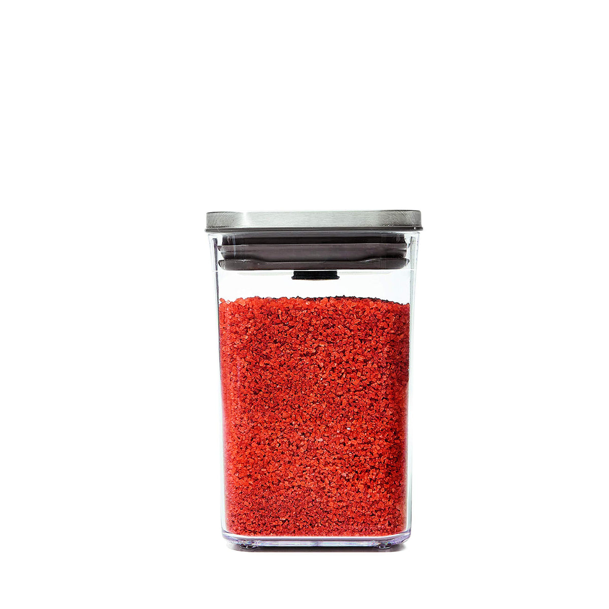 OXO Steel POP small square short with lid-push seals airtight for fresh pantry storage.