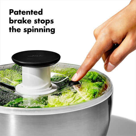 OXO spinner basket doubles as a colander for rinsing before spin.