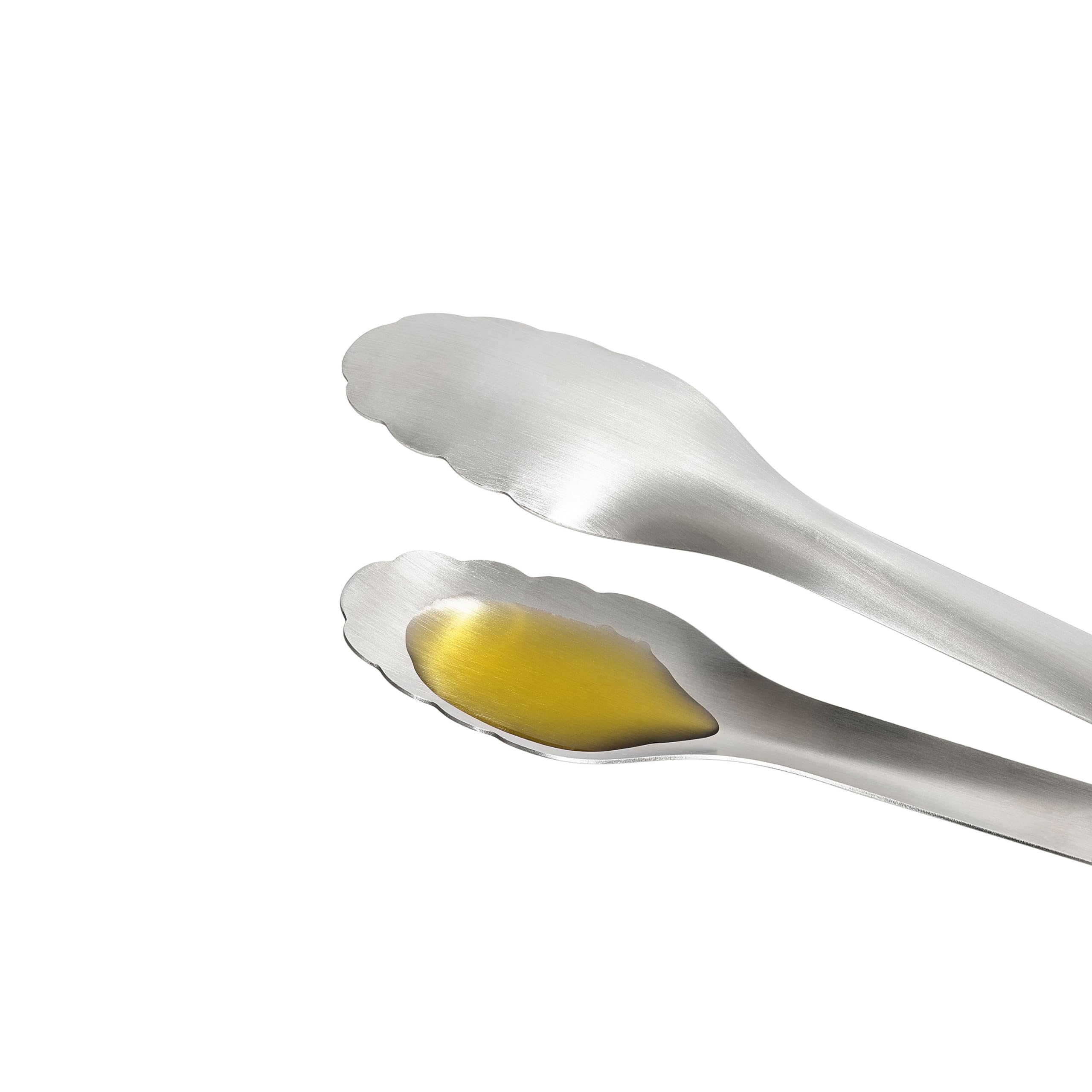 OXO Steel Serving Tongs in dishwasher-safe design for quick cleanup after meals.