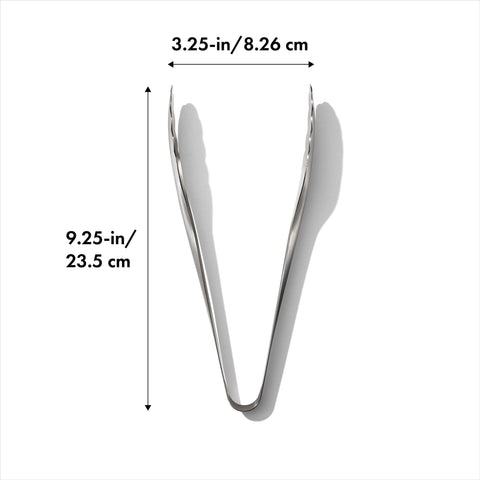 OXO Steel Serving Tongs show durable stainless steel construction for daily kitchen use.
