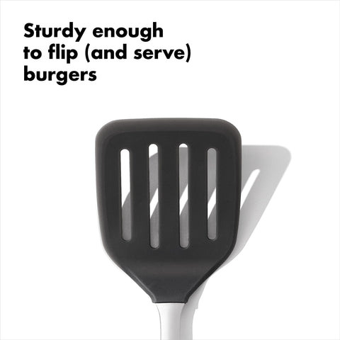 OXO Steel Silicone Flexible Turner dishwasher-safe for easy cleaning.