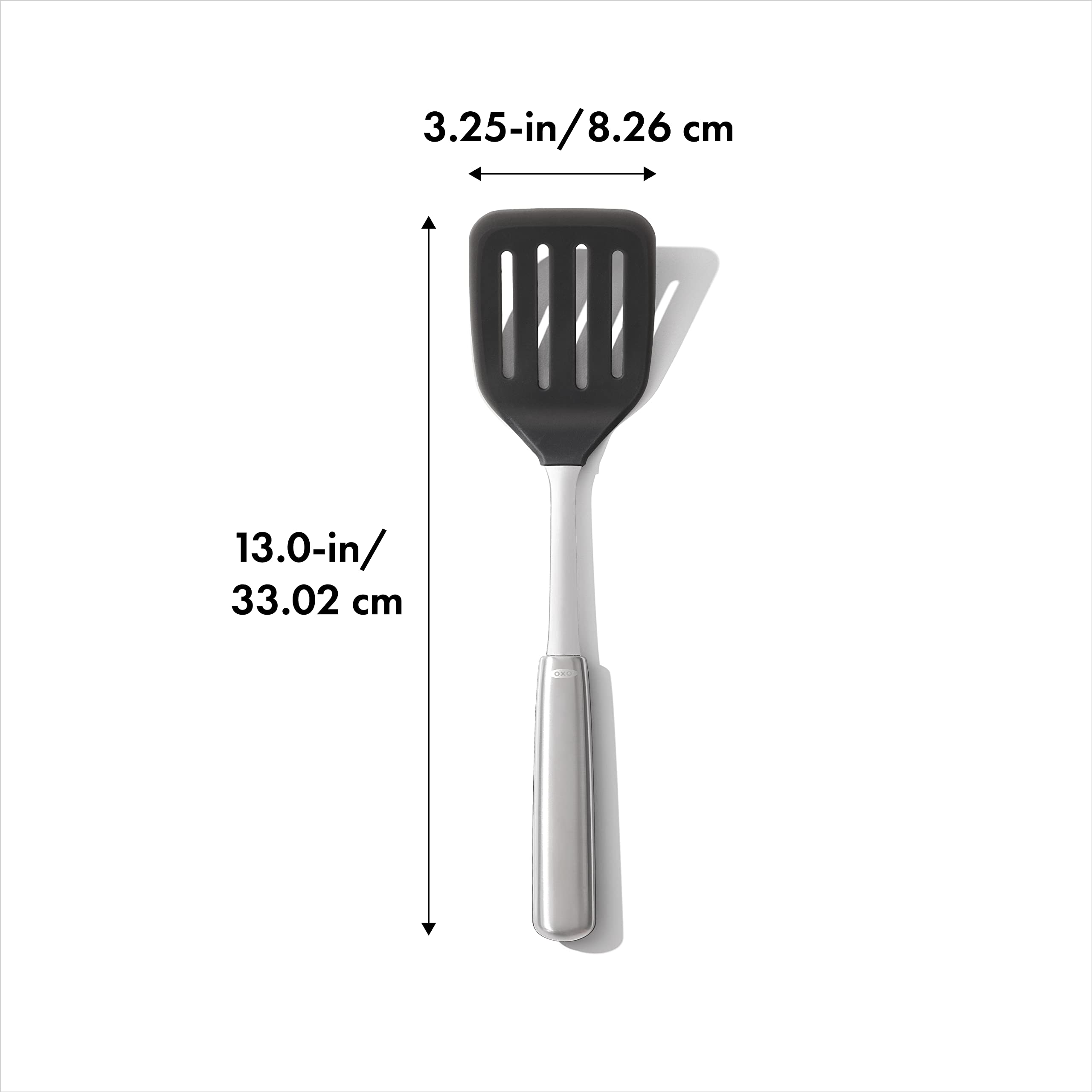 OXO Steel Silicone Flexible Turner handle close-up shows non-slip grip.