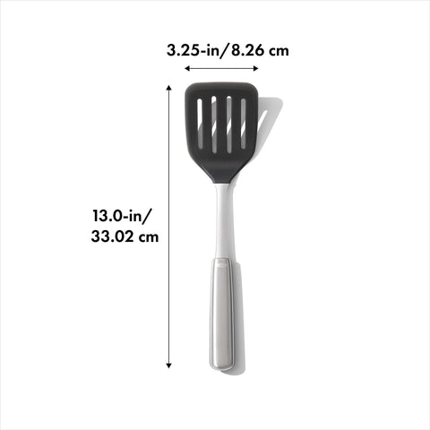 OXO Steel Silicone Flexible Turner handle close-up shows non-slip grip.