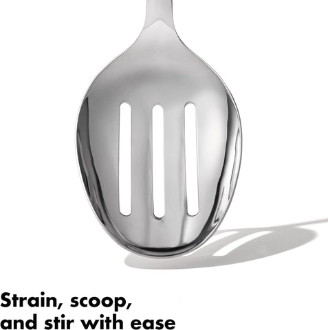 OXO stainless steel slotted spoon blends with table settings and kitchen tasks