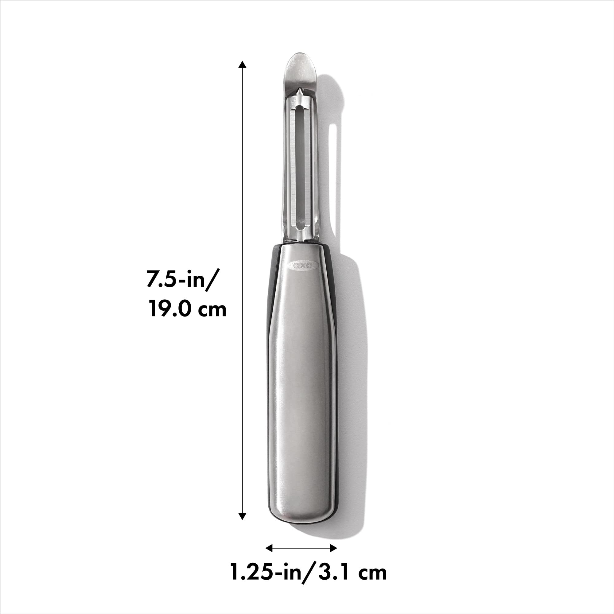 OXO Steel Swivel Peeler blade glides under skin preserving flesh beneath.