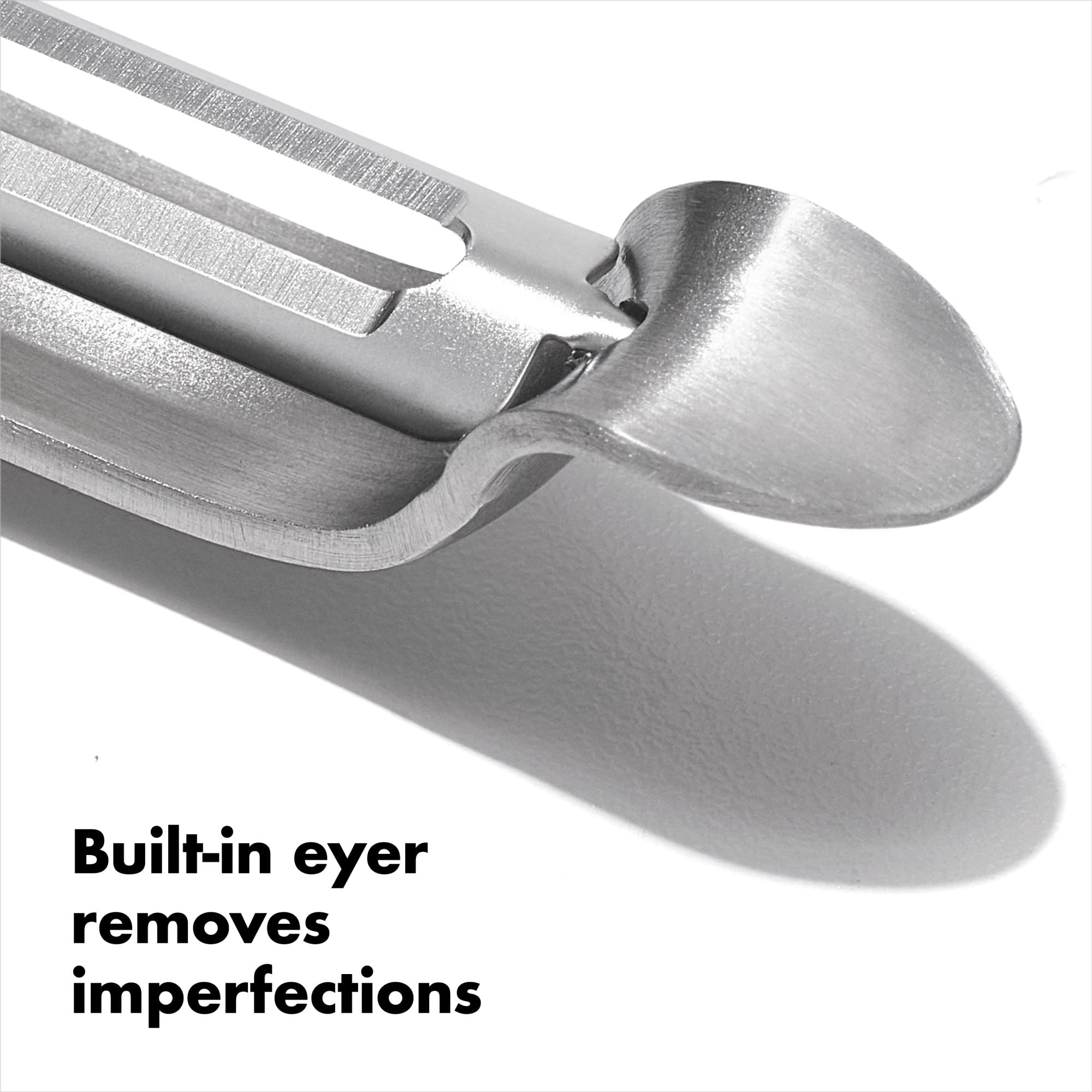 OXO Steel Swivel Peeler on a clean kitchen surface signals premium quality.