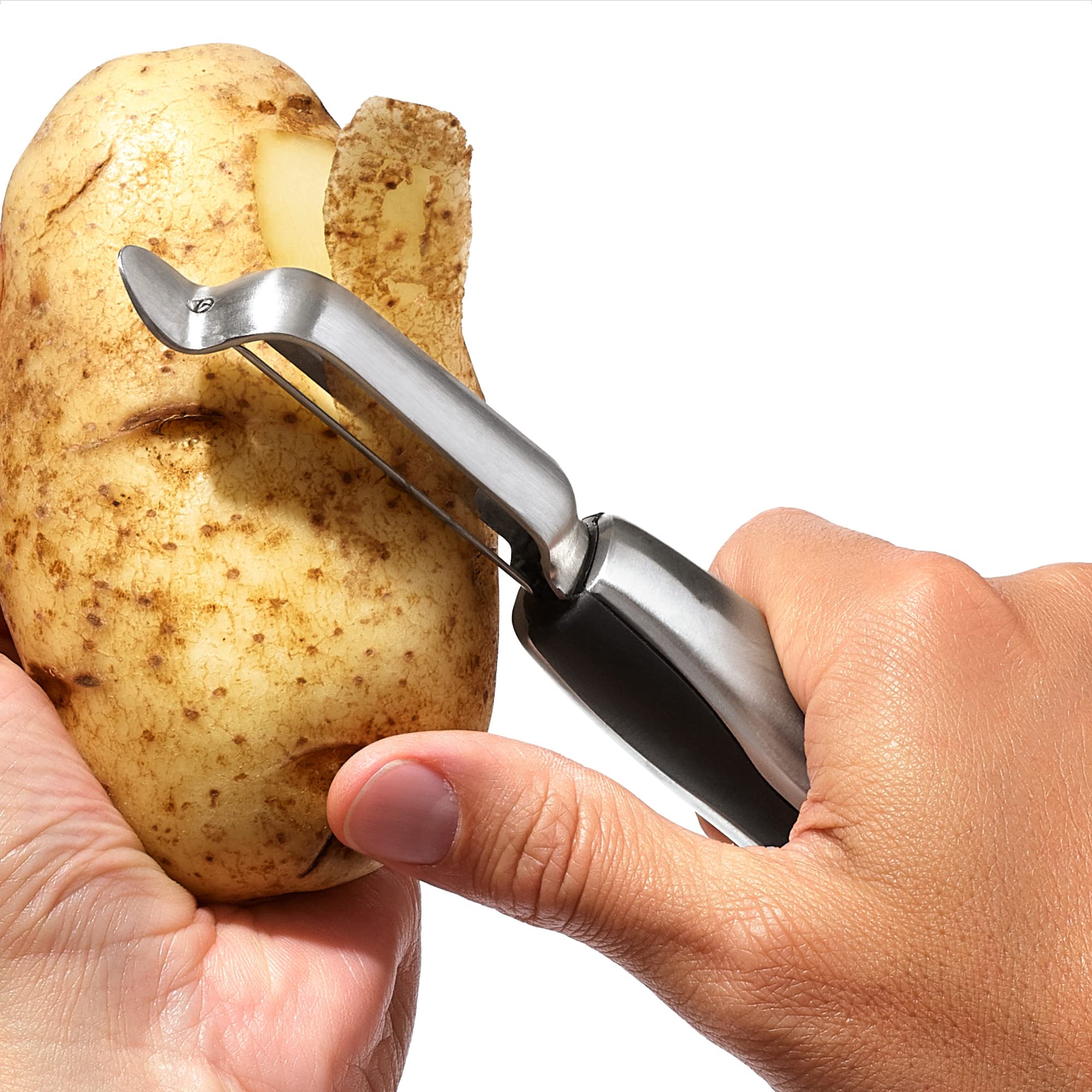 OXO Steel Swivel Peeler potato eyer shown for fast blemish removal.