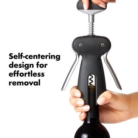 OXO SteeL Winged Corkscrew curved die-cast handles offer stable grip.
