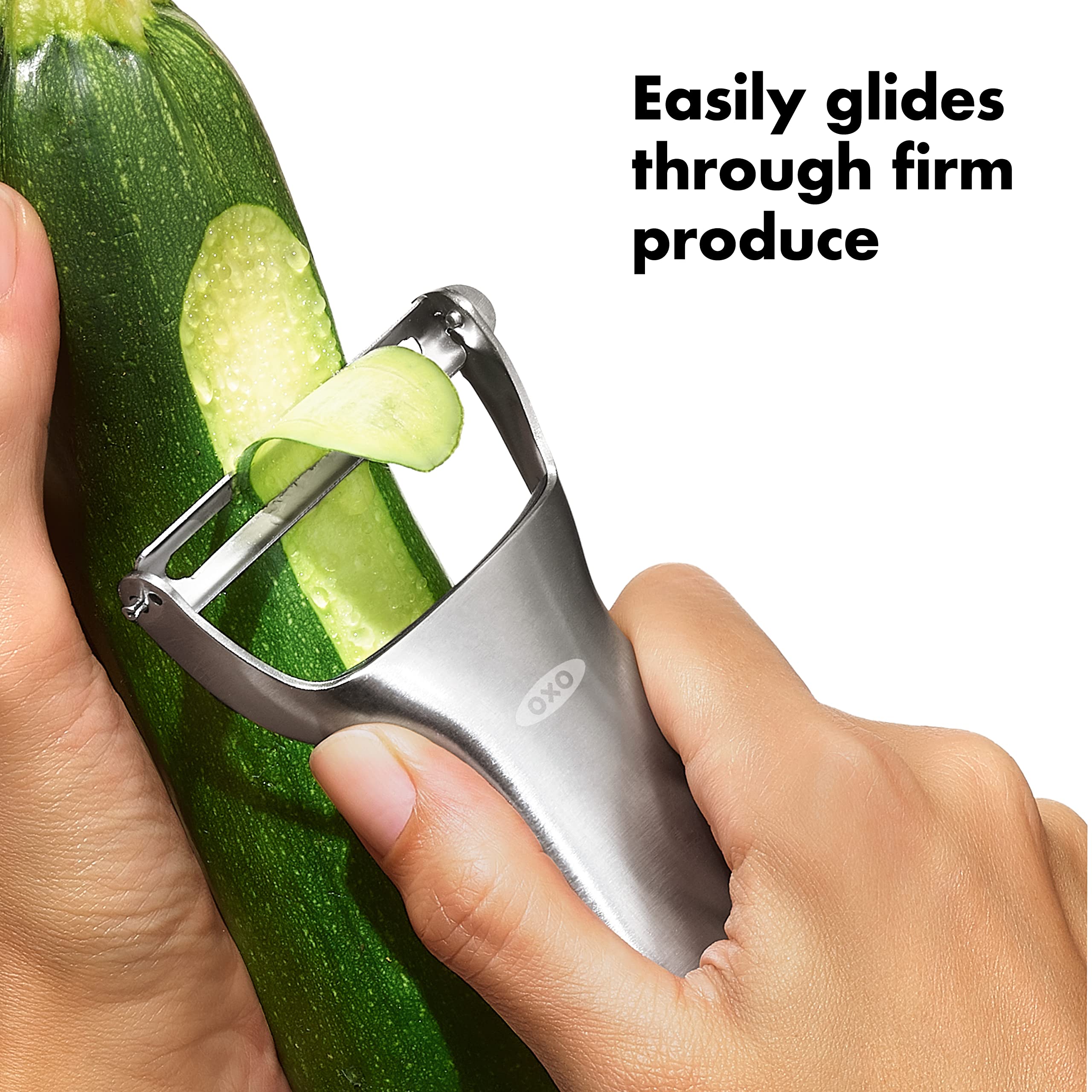 OXO Steel Y Peeler contoured handle offers comfort and control