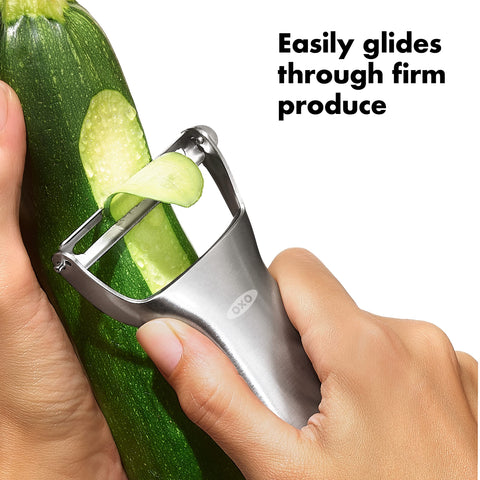 OXO Steel Y Peeler contoured handle offers comfort and control