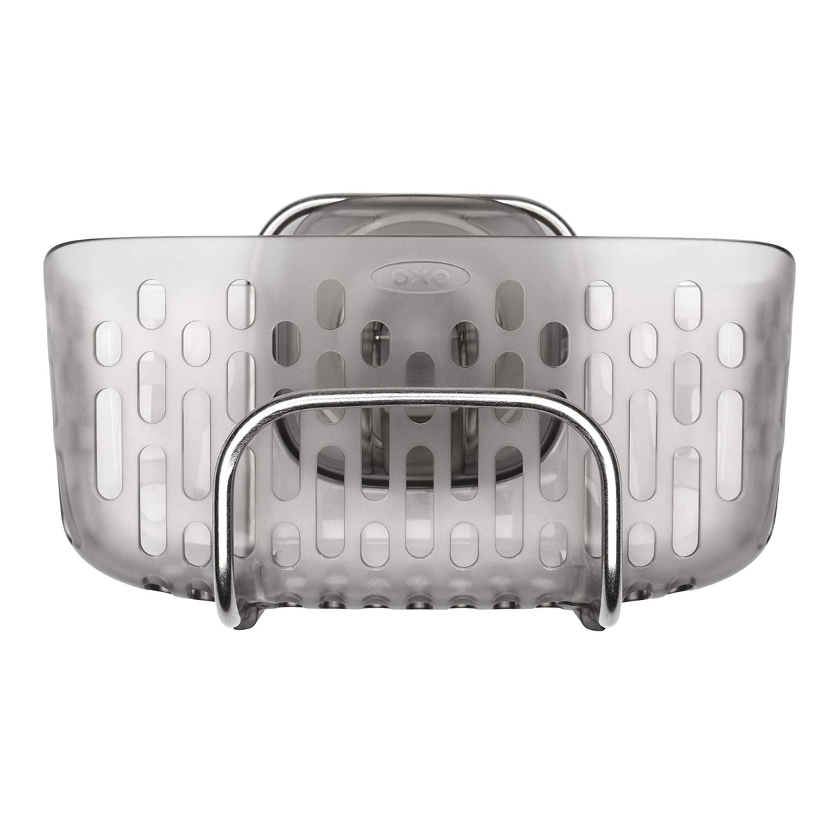 OXO StrongHold basket inside a sink keeps oversized sponges organized