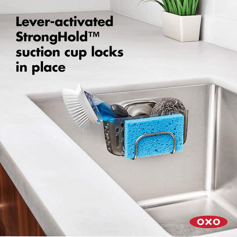 OXO StrongHold lever-activated suction cups secure on stainless steel sinks