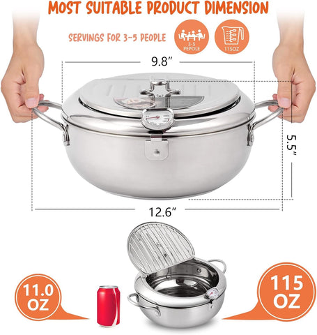Oxydrily cool-touch handles for safe lifting during frying.