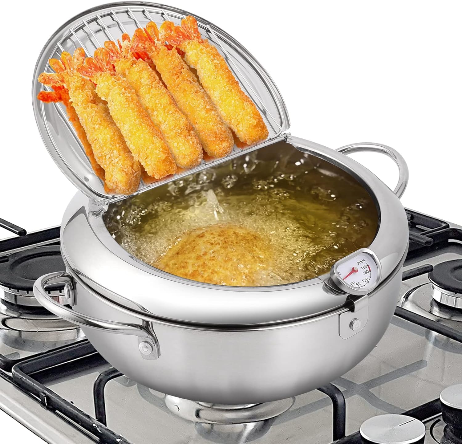 Oxydrily deep fryer pot with thermometer for precise oil temp control.