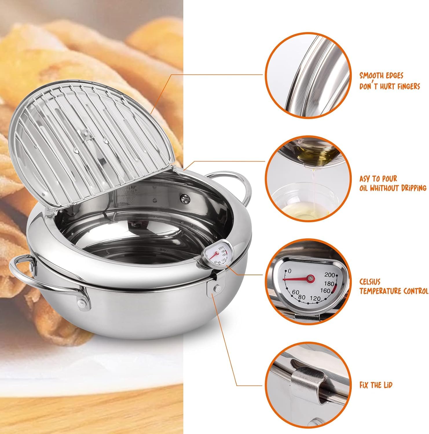 Oxydrily tempura fry pot lid with removable cover for easy oil drainage.