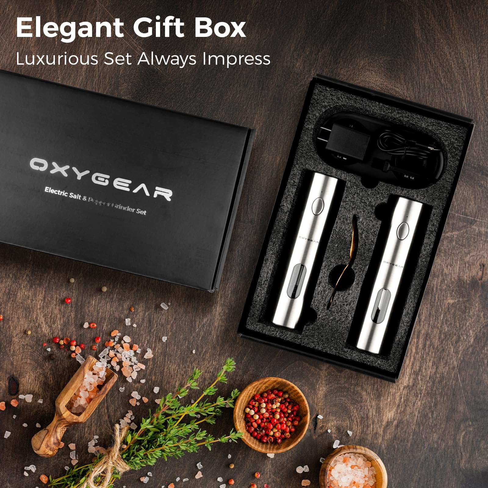 OxyGear grinder highlights 110mL capacity for fewer refills during busy cooking.
