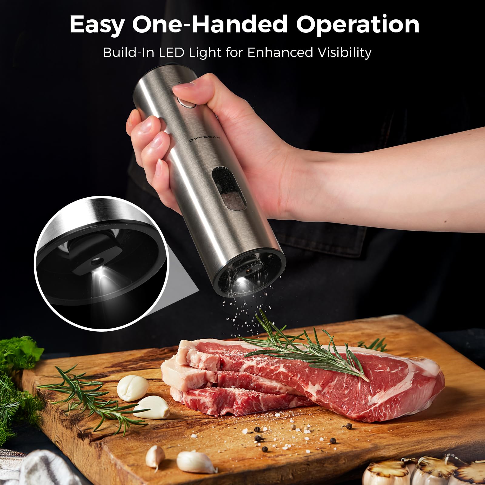 OxyGear grinder with 6-level coarseness offers precise seasoning for every dish.