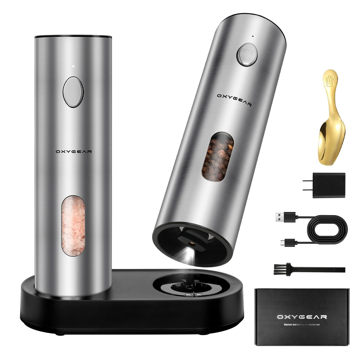 OxyGear electric salt and pepper grinder set on kitchen counter for effortless meal prep.