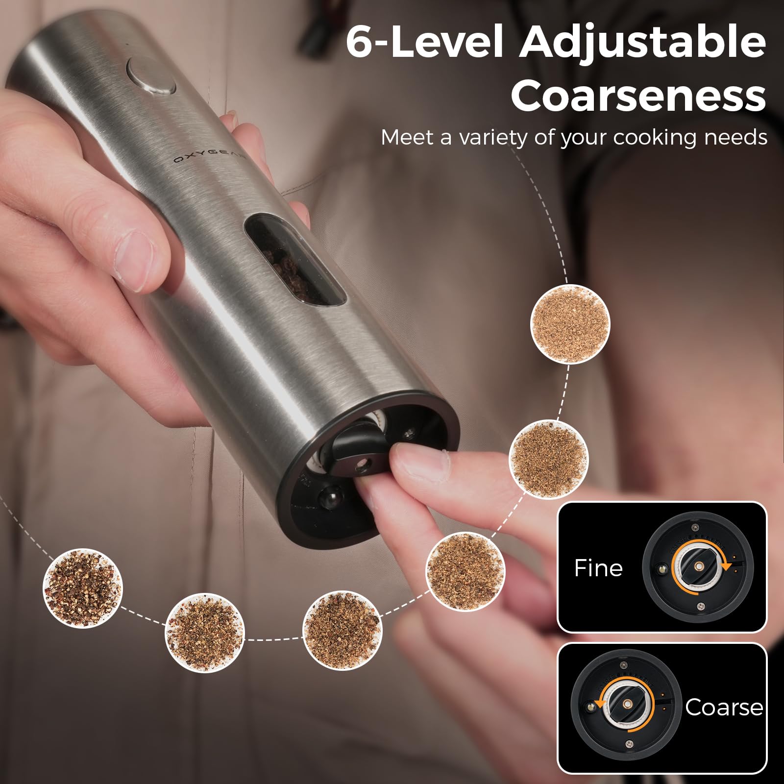 OxyGear LED light enables precise grinding in dim kitchens.