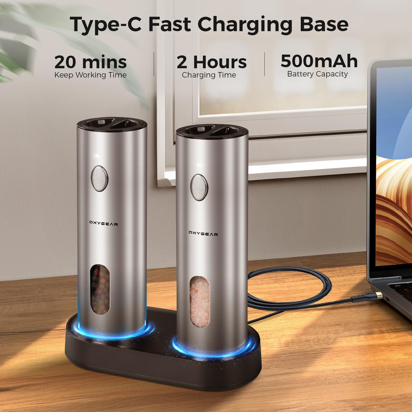 OxyGear rechargeable power with Type-C charging base keeps grinders ready without disposable batteries.