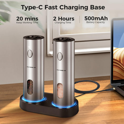 OxyGear rechargeable power with Type-C charging base keeps grinders ready without disposable batteries.