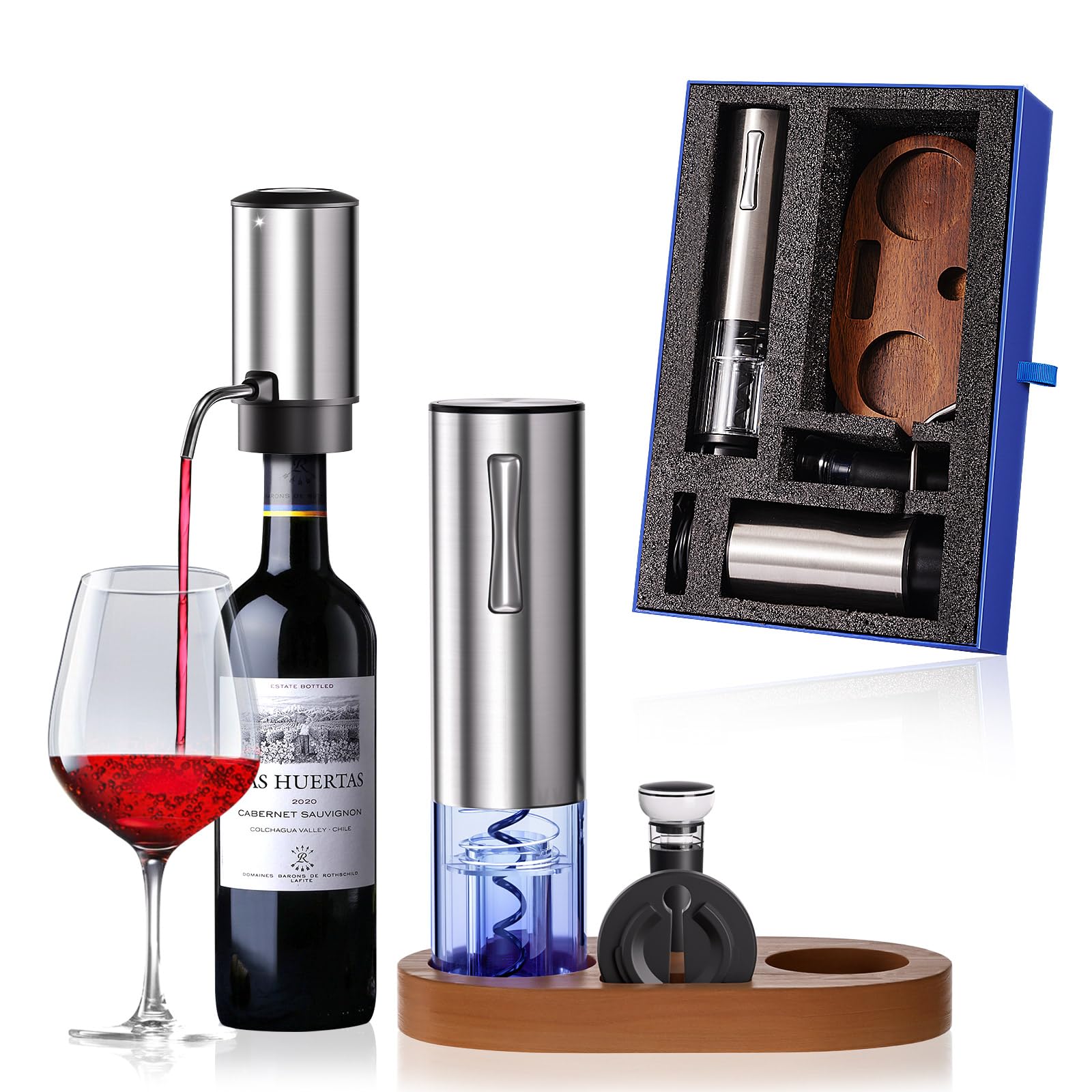 OxyGear rechargeable-wine-opener in action, opening bottles quickly.