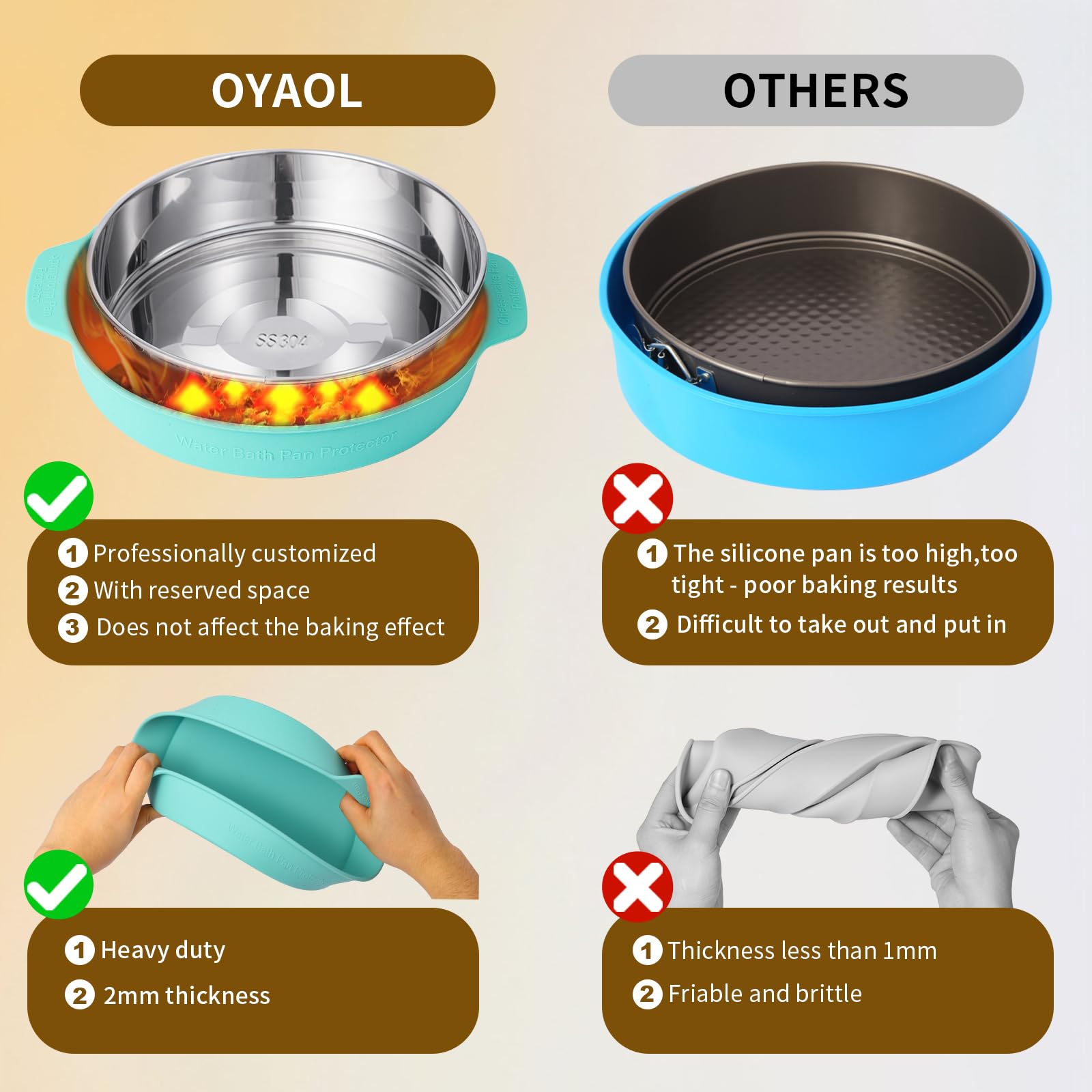 OYAOL pan shows secure stainless steel buckles for tight lock during bake.