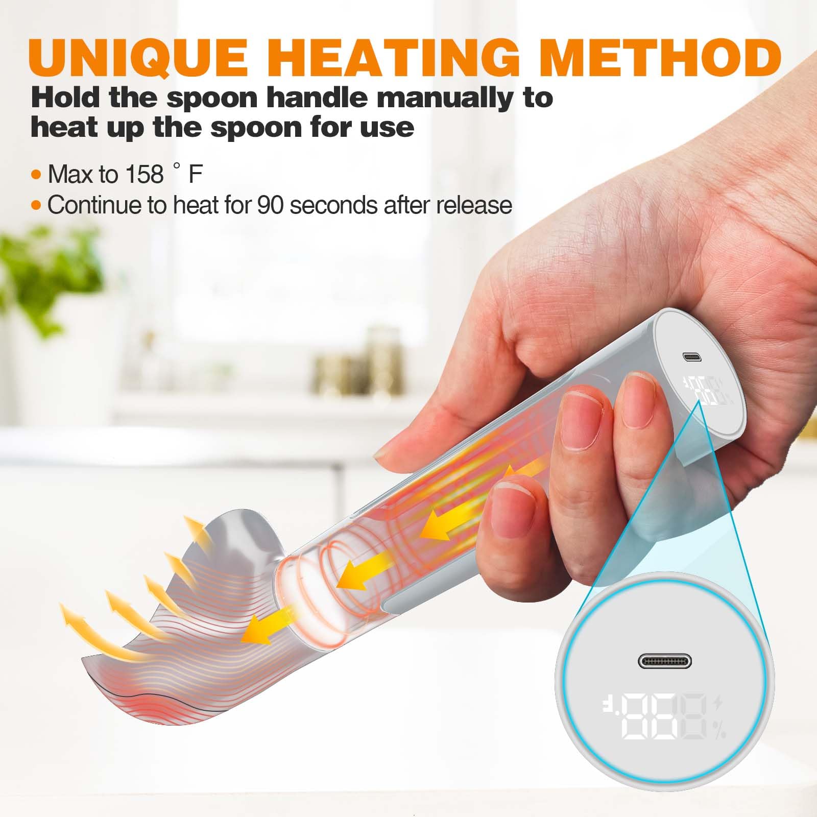 oyeftp heated scoop highlighting durable stainless steel construction for busy kitchens.