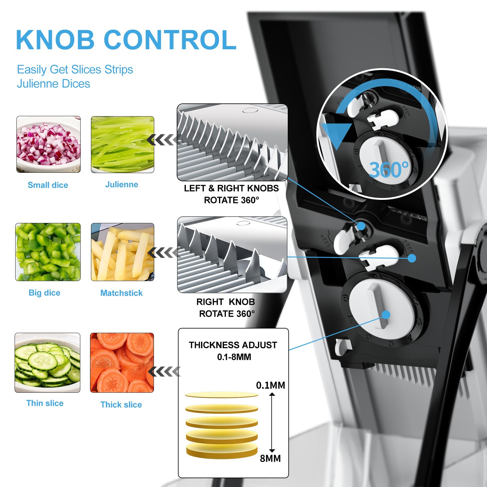 OYKEFAW potato slicer showing adjustable thickness for fries.