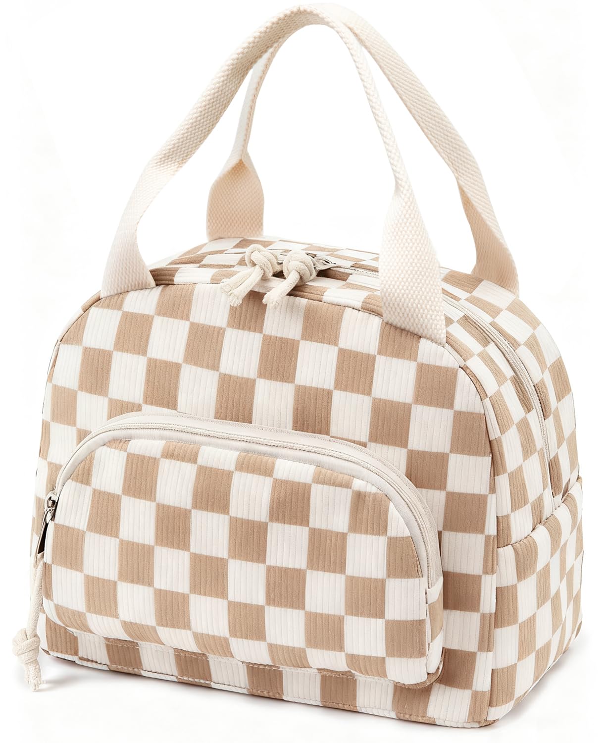 OYLOLA lunch bag front view in beige-brown plaid, stylish daily bag.