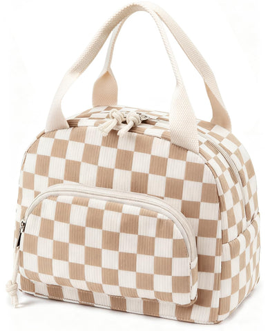 OYLOLA lunch bag front view in beige-brown plaid, stylish daily bag.