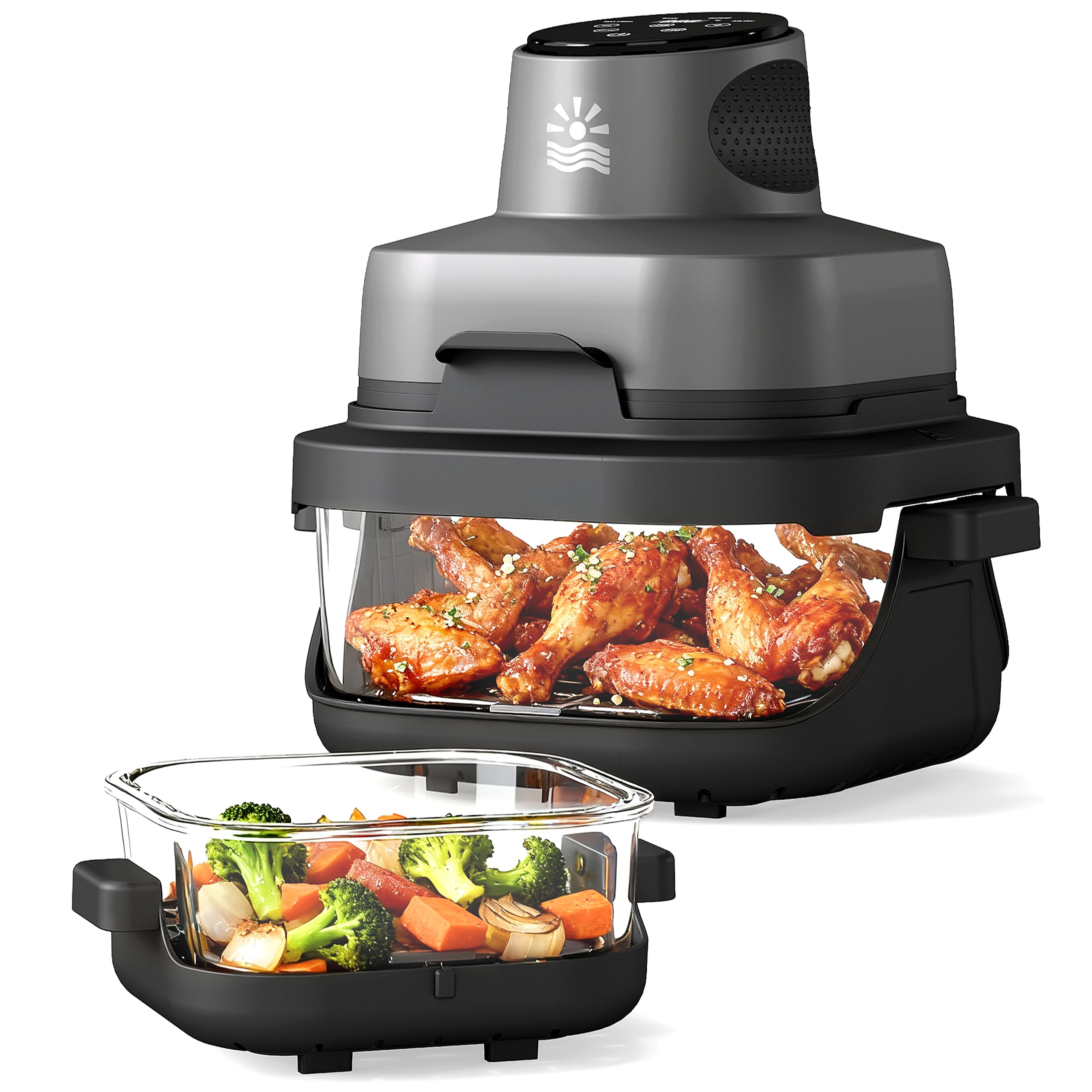 OYLUS 4-in-1 glass air fryer front view shows compact kitchen centerpiece for quick meals