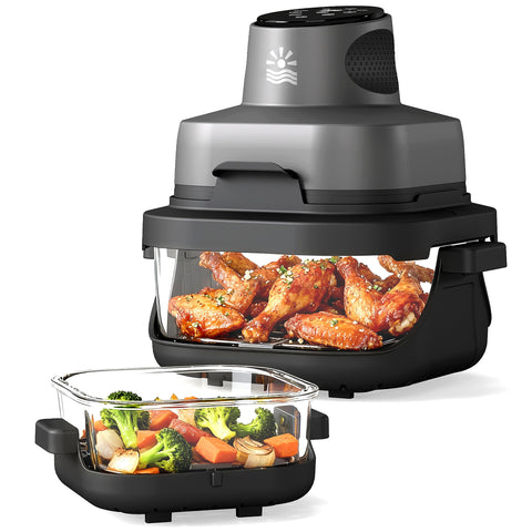 OYLUS 4-in-1 glass air fryer front view shows compact kitchen centerpiece for quick meals