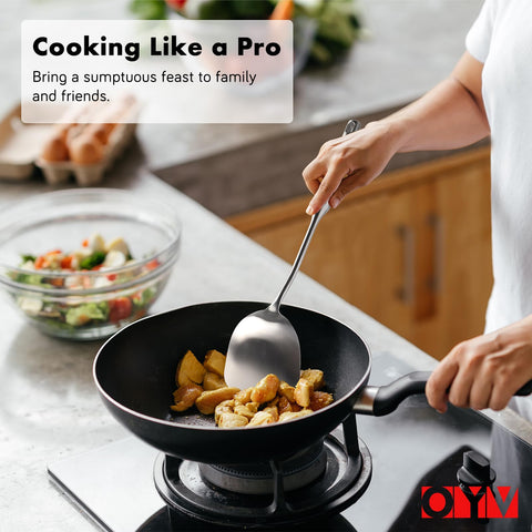 OYV solid turner spatula with 18/10 steel for even browning and lifting.