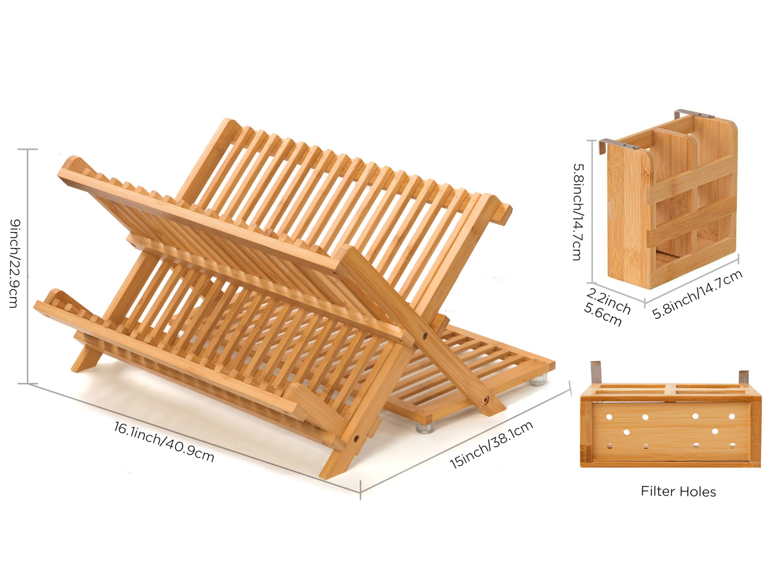 Oyydecor bamboo dish drying rack side tiers hold cups, bowls and bottles.