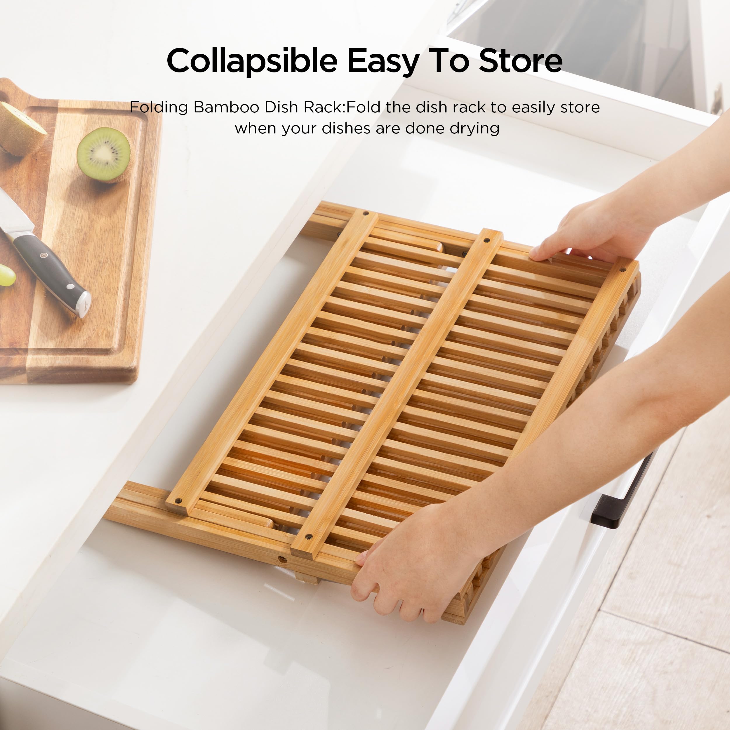 Oyydecor bamboo dish drying rack folded square for compact storage.