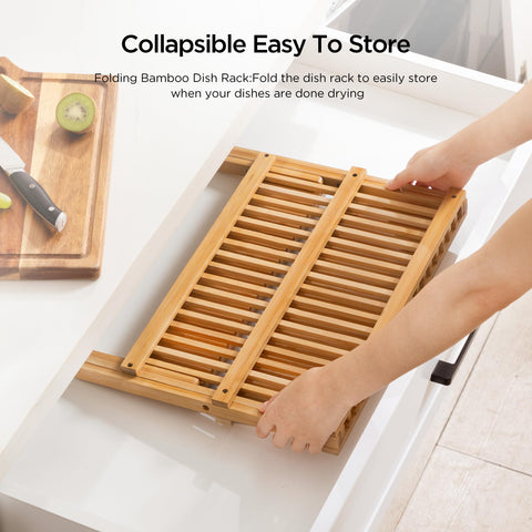 Oyydecor bamboo dish drying rack folded square for compact storage.