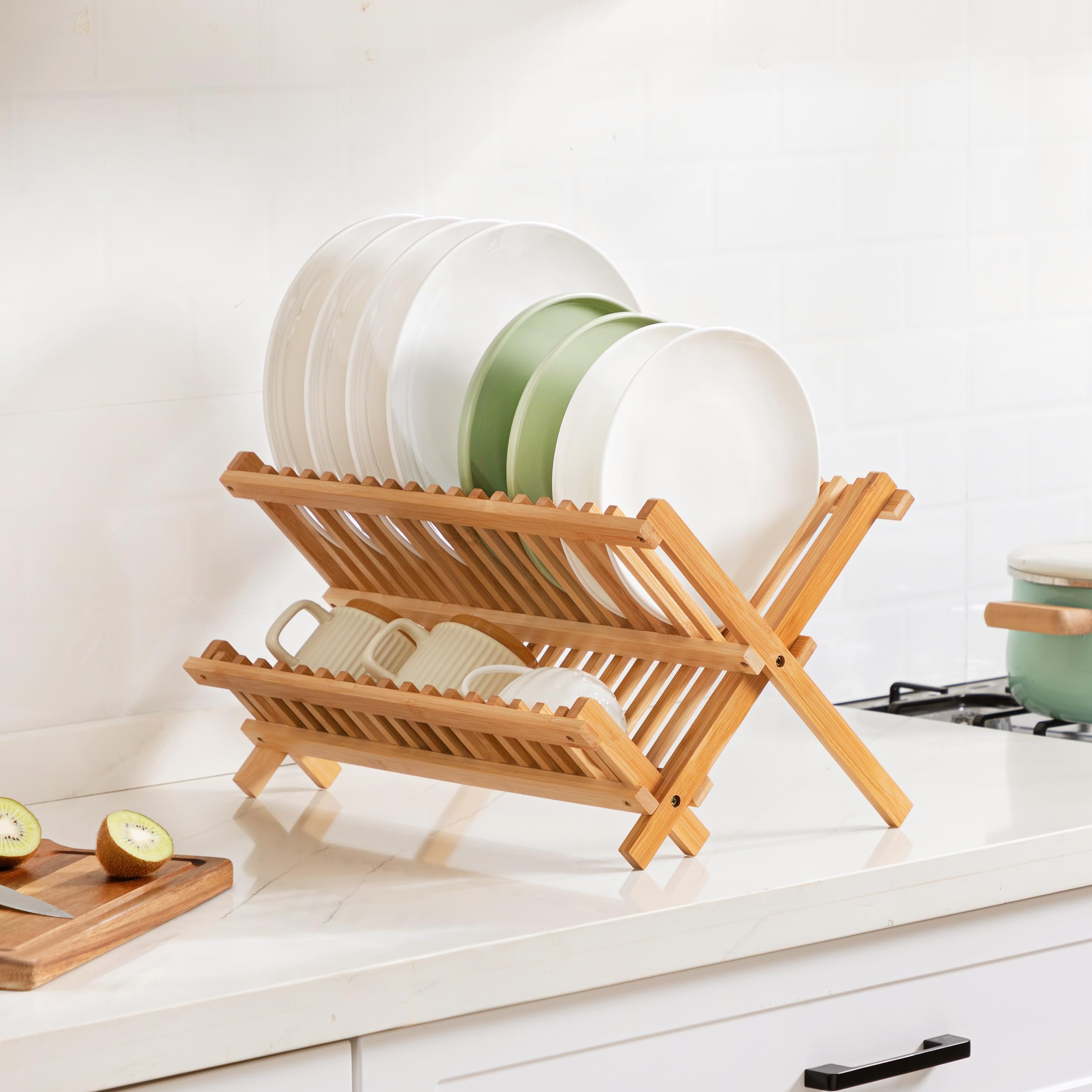 Oyydecor kitchen organizer fits on countertops and folds flat for compact storage.