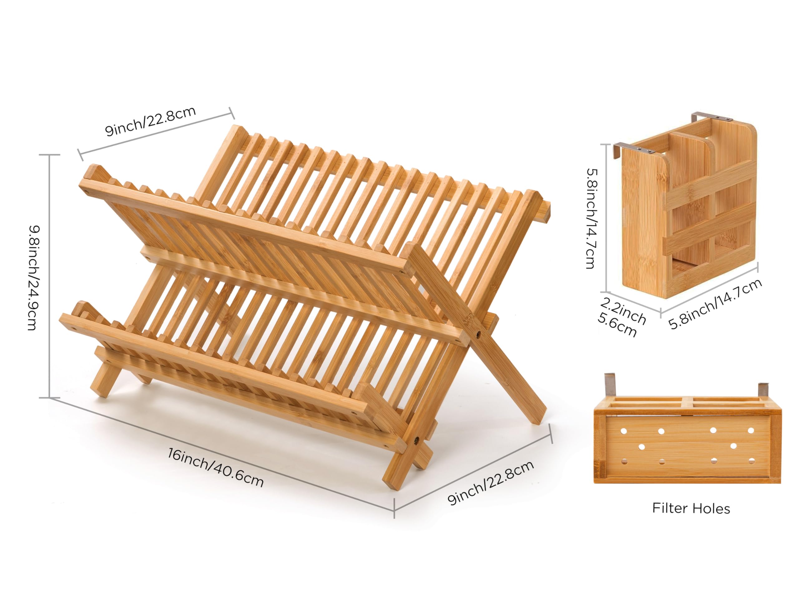 Oyydecor bamboo dish drying rack side-tier accommodates cups and bowls for efficient drying.